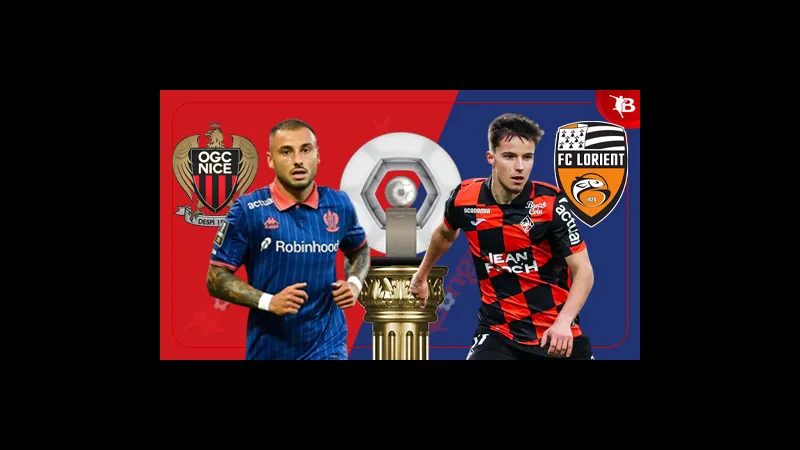 Cầu thủ Nice và Lorient đuổi theo quả bóng trên sân cỏ Cầu thủ Nice và Lorient đuổi theo quả bóng trên sân cỏ